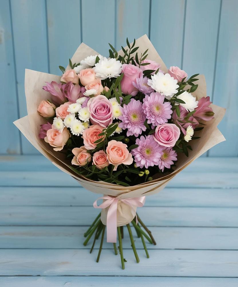 Букет цветов из: Хризантемы, Розы и Альстромерии в Барнауле