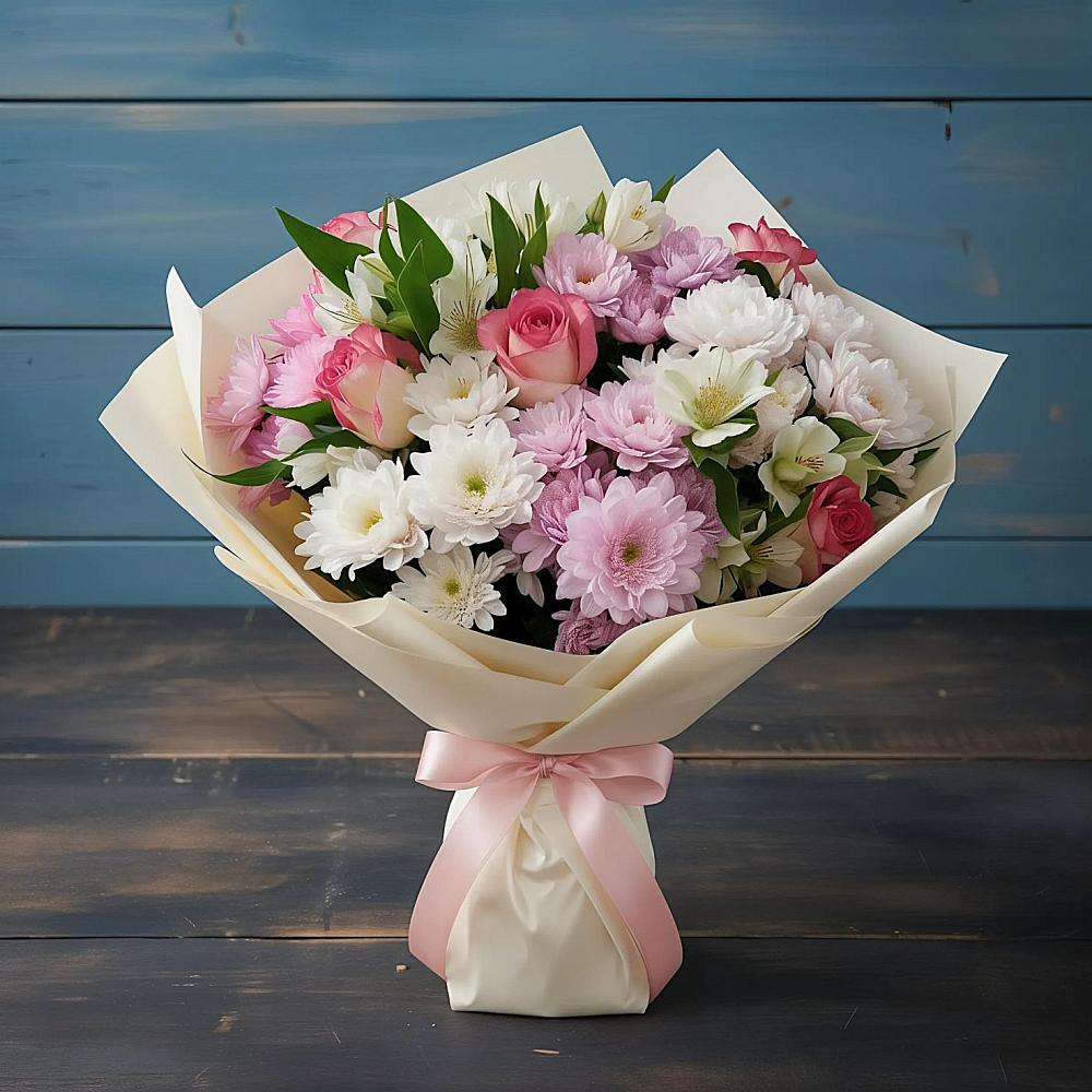 Букет цветов из: Хризантемы, Альстромерии и Розы в Барнауле